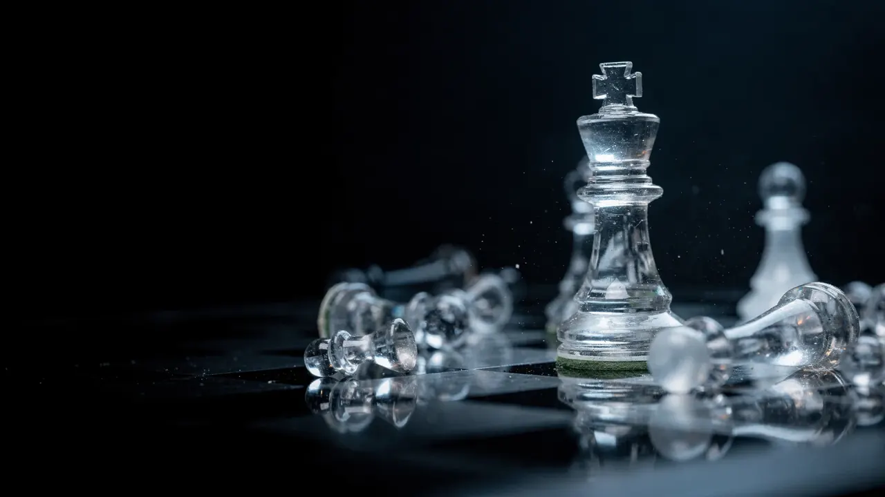 A glass chess king standing over toppled glass pawns on a reflective black board, lit from behind.