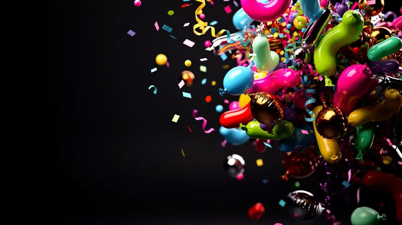 A burst of glossy balloons, sweets and paper confetti in bright colours exploding across a black background.
