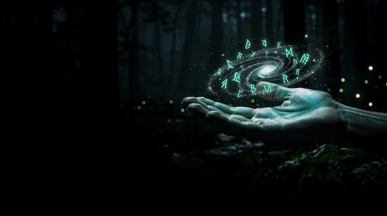An open hand in a dark forest with a spiral of glowing green rune shapes turning above the palm.