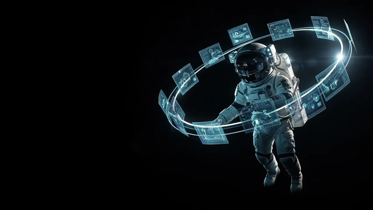 An astronaut in a white suit floating inside a ring of glowing blue holographic panels, against black.