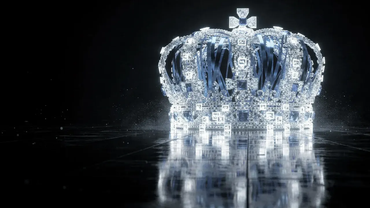 An ornate crown made of clear crystal, glowing white and reflected in a black mirrored floor.