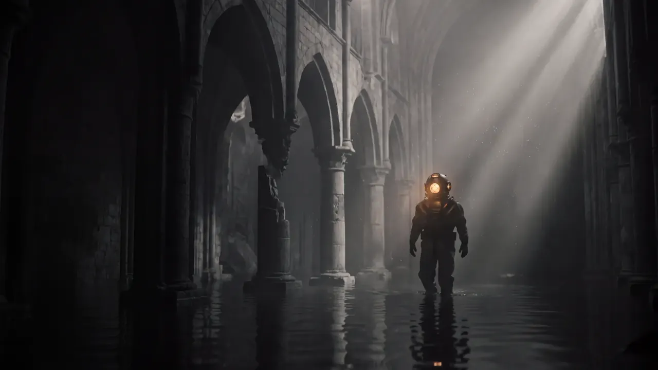 A lone figure in a brass diving helmet wading through a flooded stone cathedral, with light falling through the arches.