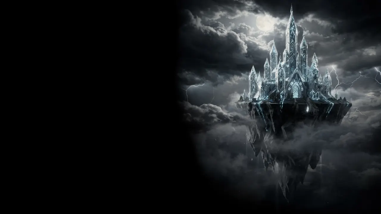 A castle carved from ice standing on a rock in a dark storm, lit from inside by pale blue light.
