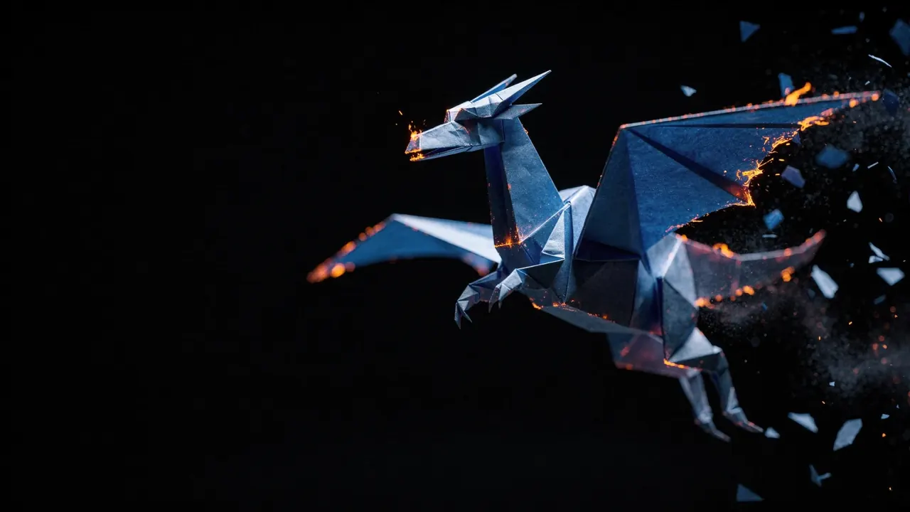 A dragon folded from blue paper in mid-flight, its trailing edges breaking into embers.