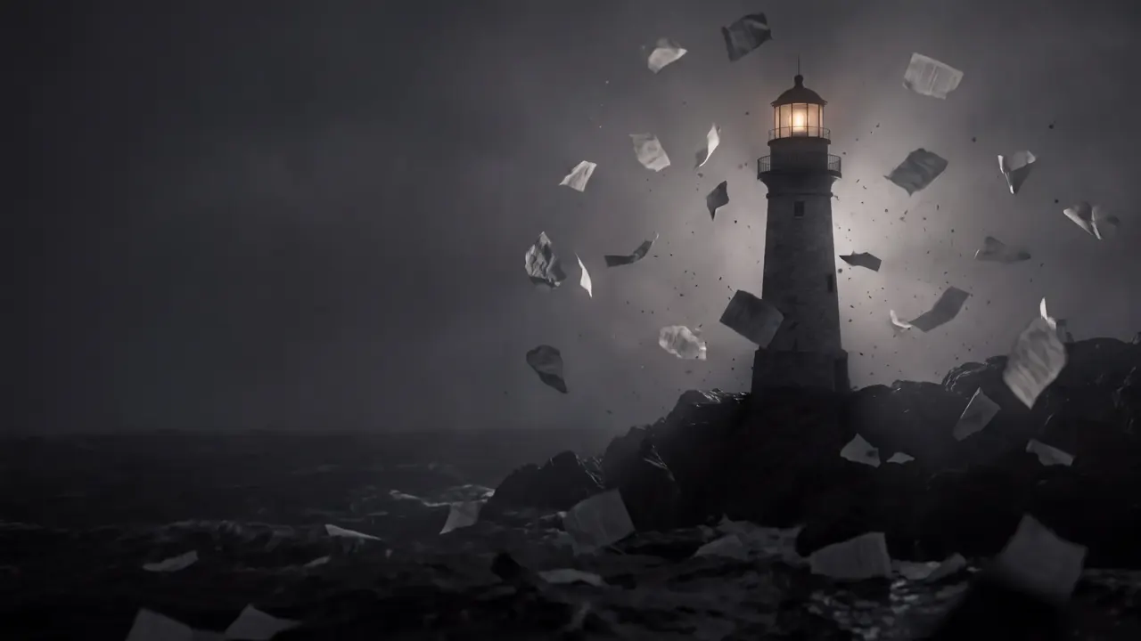 A lighthouse built from folded paper on a rocky shore, with torn paper fragments blowing past it like spray.