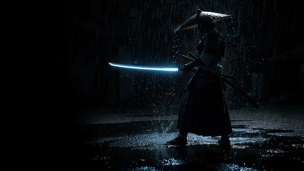 A samurai in silhouette standing in heavy rain on wet ground, drawing a sword that glows pale blue.