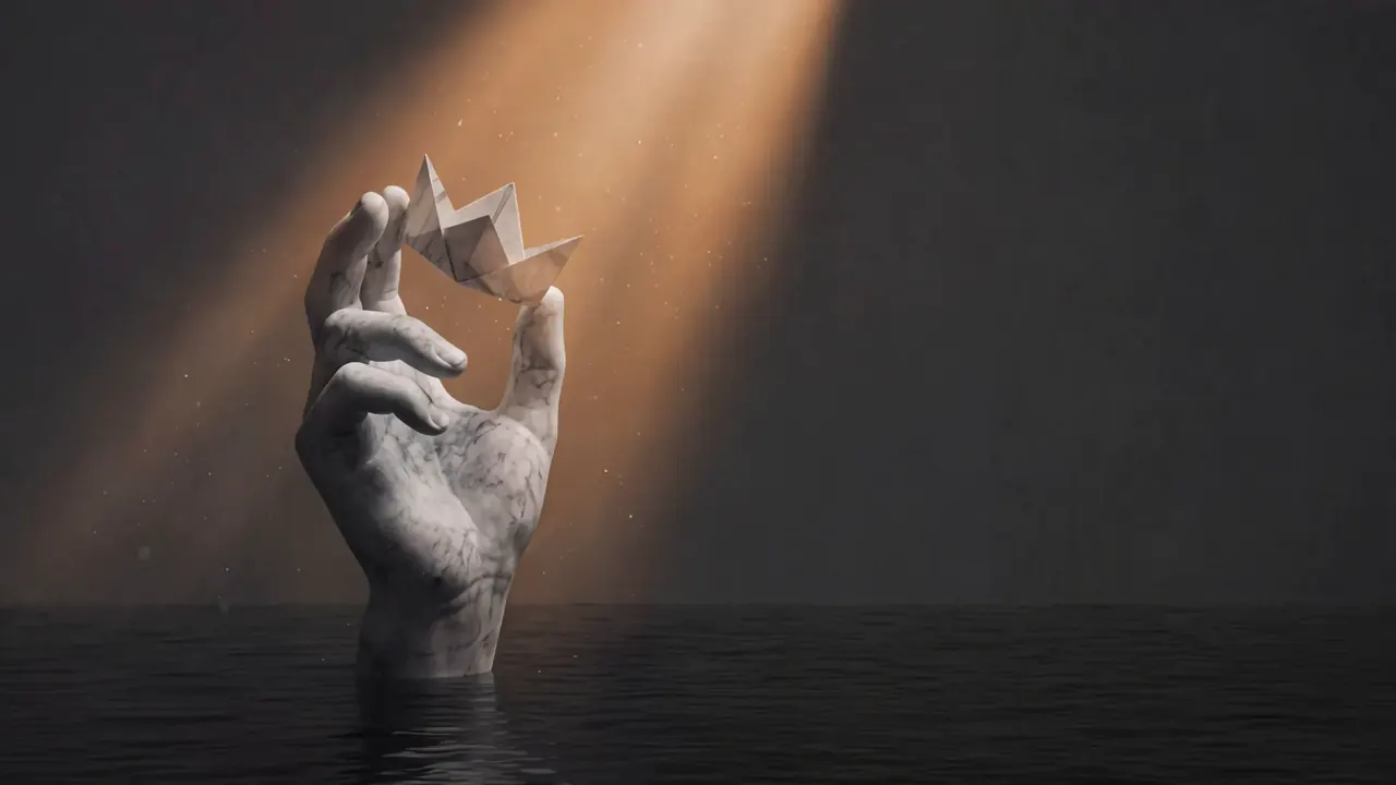 A carved stone hand rising out of still water holding a folded paper crown, in a shaft of warm light.