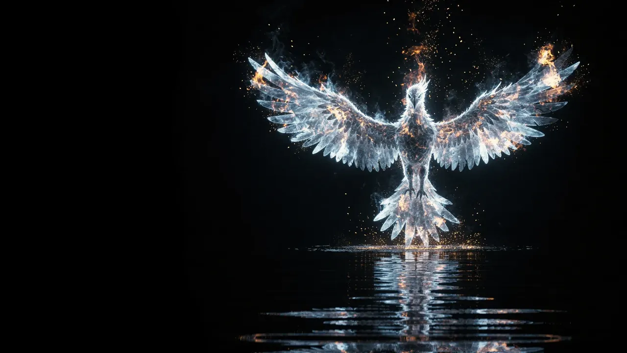 A phoenix formed from water and spray rising off a dark lake with its wings spread, sparks at the wingtips.