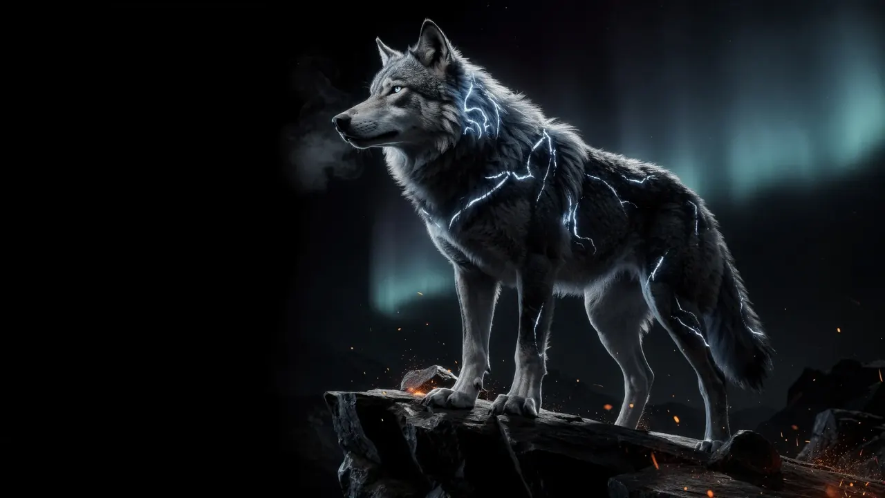 A grey wolf standing on a rock ledge with pale blue light tracing its fur, northern lights behind it.