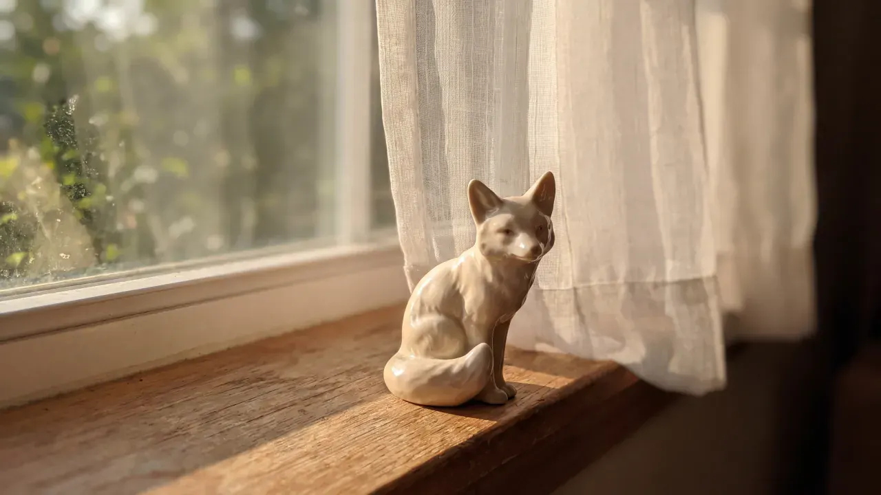 A small ceramic fox sitting on a sunlit wooden windowsill beside a linen curtain, greenery blurred outside.