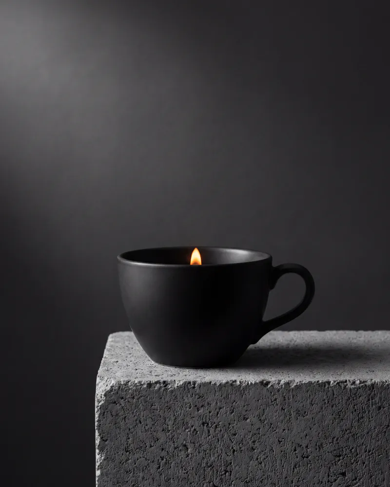 A matte black ceramic coffee cup on a rough concrete plinth, studio product photography, one soft key light from the upper left, dark seamless backdrop