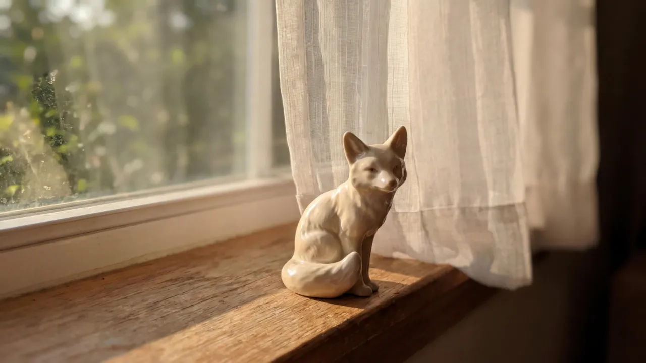 The porcelain fox slowly turns its head toward the window, the curtain breathes in a light breeze, dust drifts in the sunlight, continuous motion, no cuts
