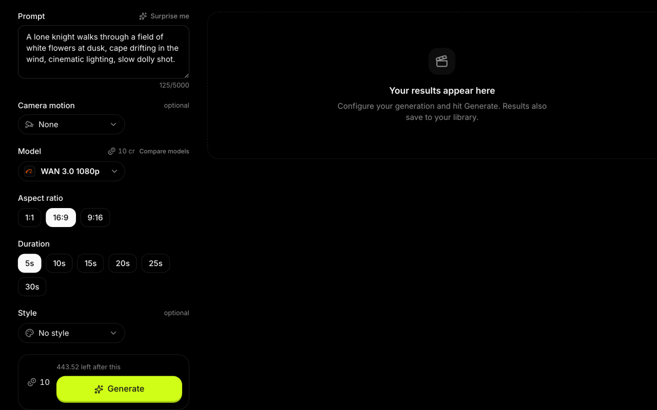 The King AI web studio composer with the knight prompt typed in, ready to generate