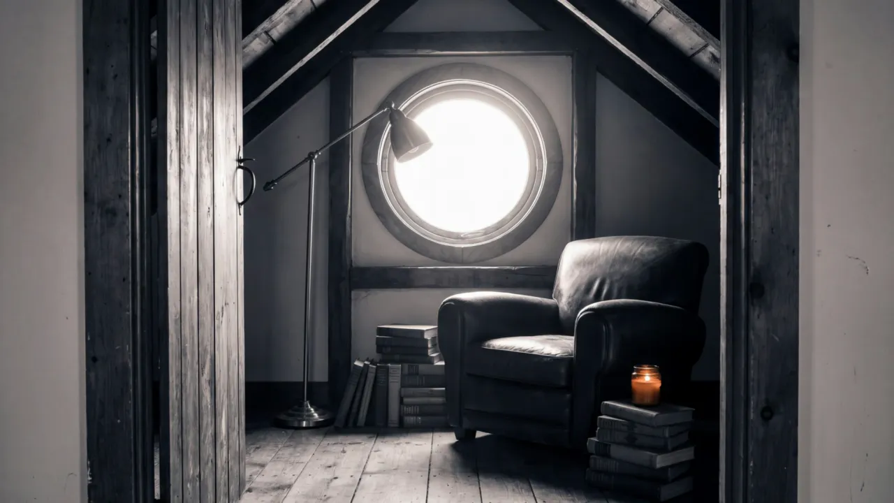 Time passes in the attic room from midday to night: the sunlight sweeps across the floor and fades, the moon rises in the round window, the floor lamp comes on, camera locked off, no cuts