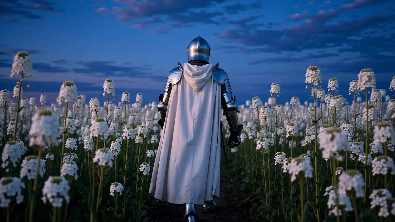A lone knight walks through a field of white flowers at dusk, cape drifting in the wind, cinematic lighting, slow dolly shot.