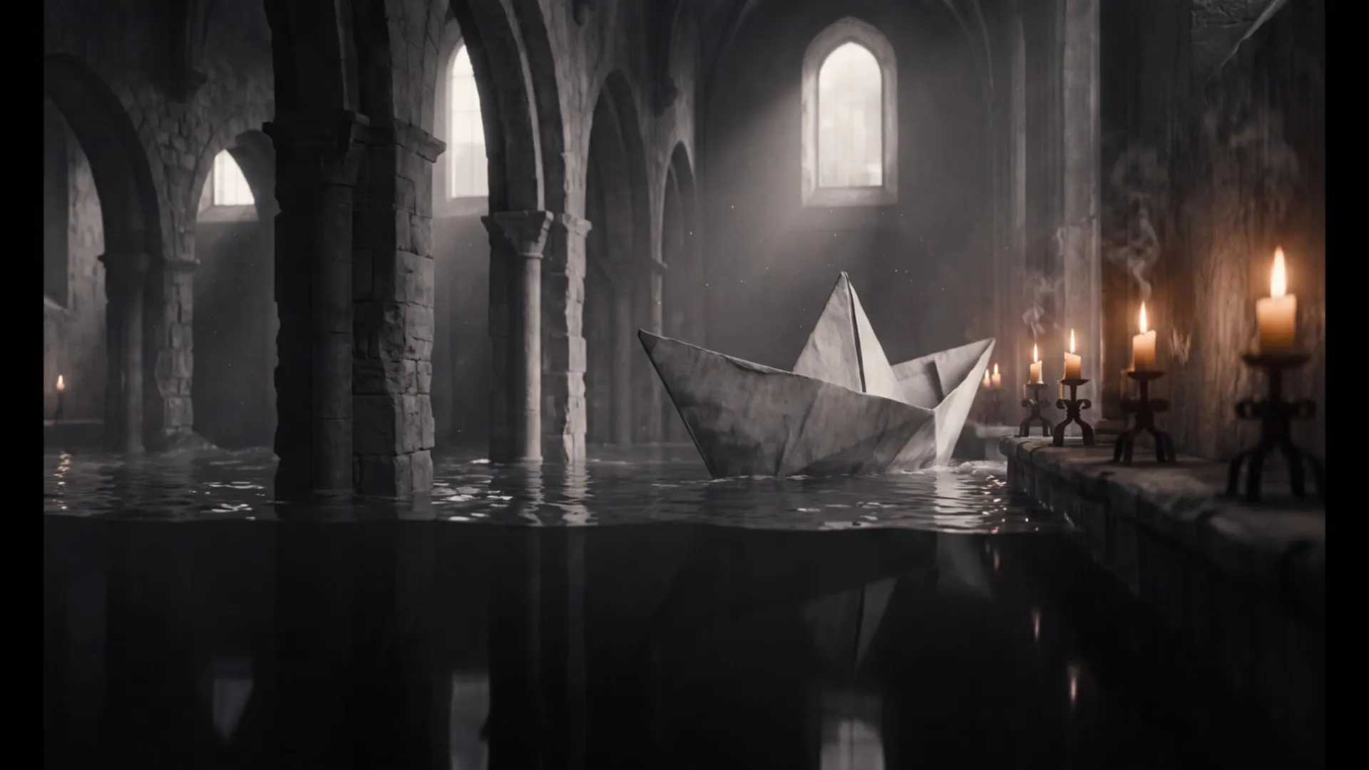 Kling V3 Pro: a paper boat sails through a flooded cathedral