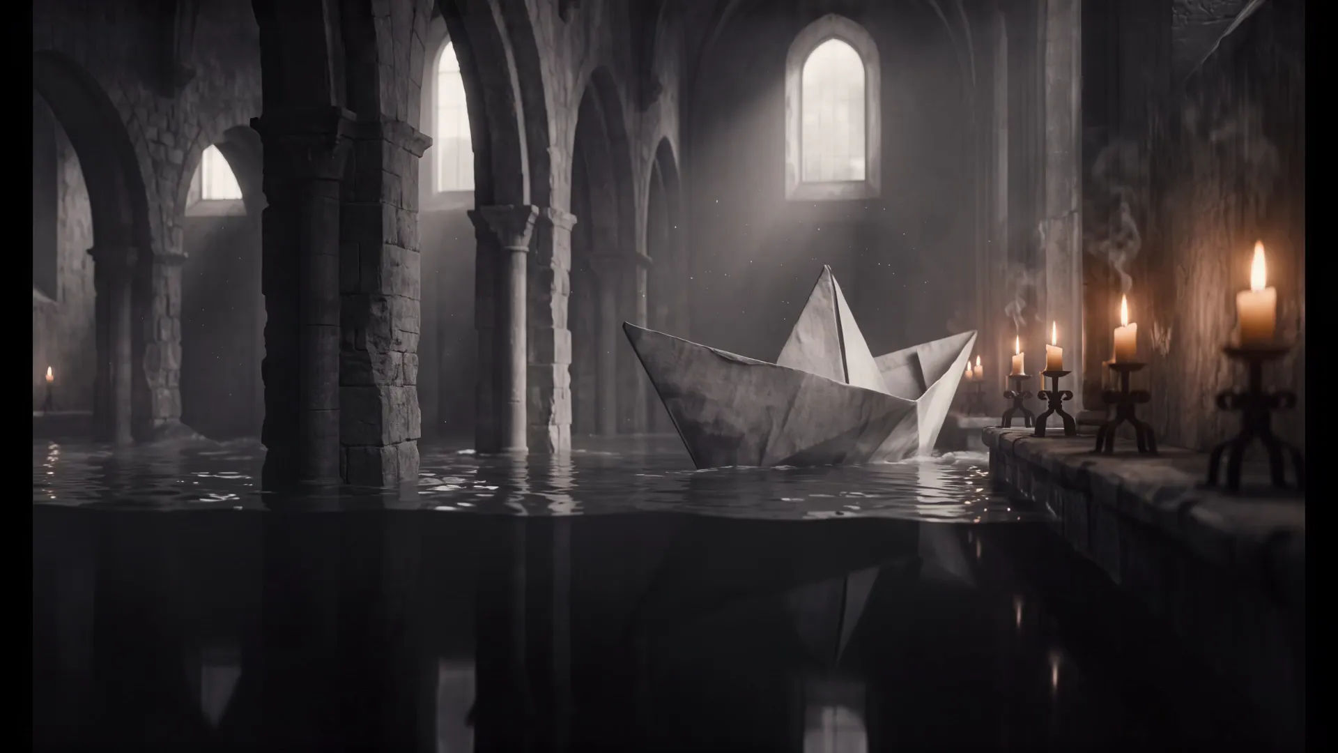 LTX 2.5 Pro: a paper boat sails through a flooded cathedral