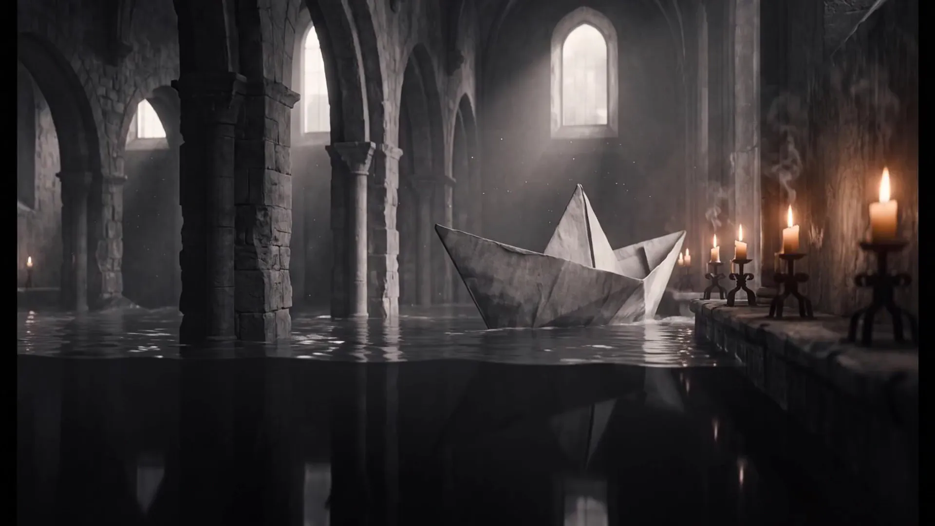 Seedance 2.0: a paper boat sails through a flooded cathedral